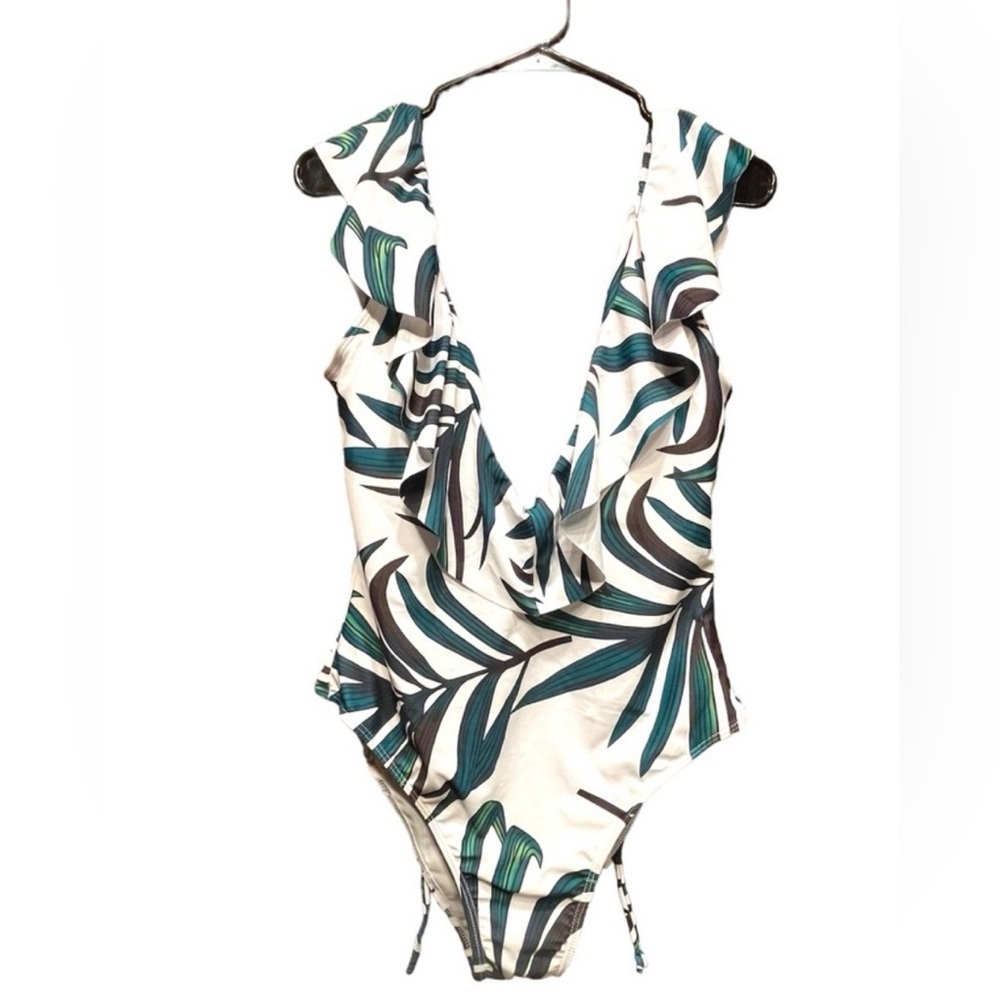 Zaful Women One Piece Swimsuit White Tropical W Palm Leaf Print Back Lace Size L